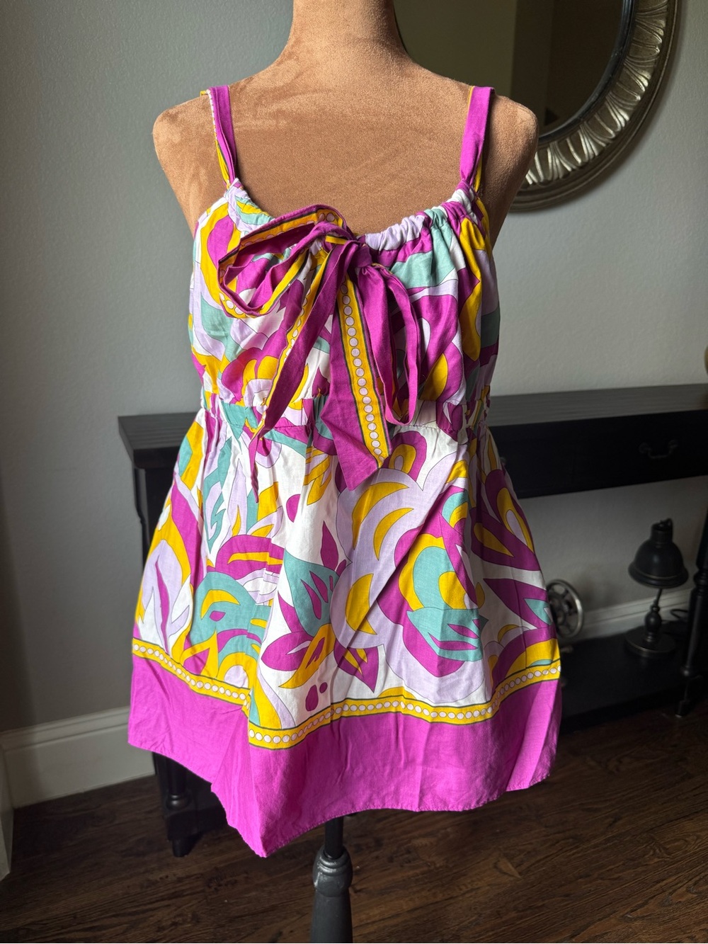 Nicole by Nicole Miller Pink Retro Tie-Front Printed Sleeveless Blouse Cotton